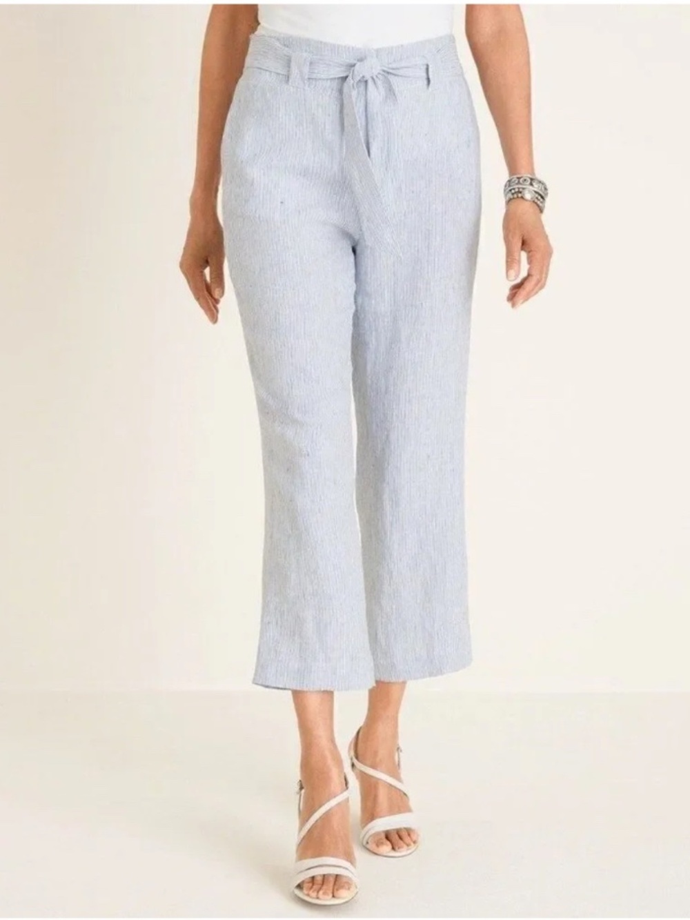 Chico's 100% Linen Relaxed Fit Blue Striped Cropped Pants w/Belt Size 14R